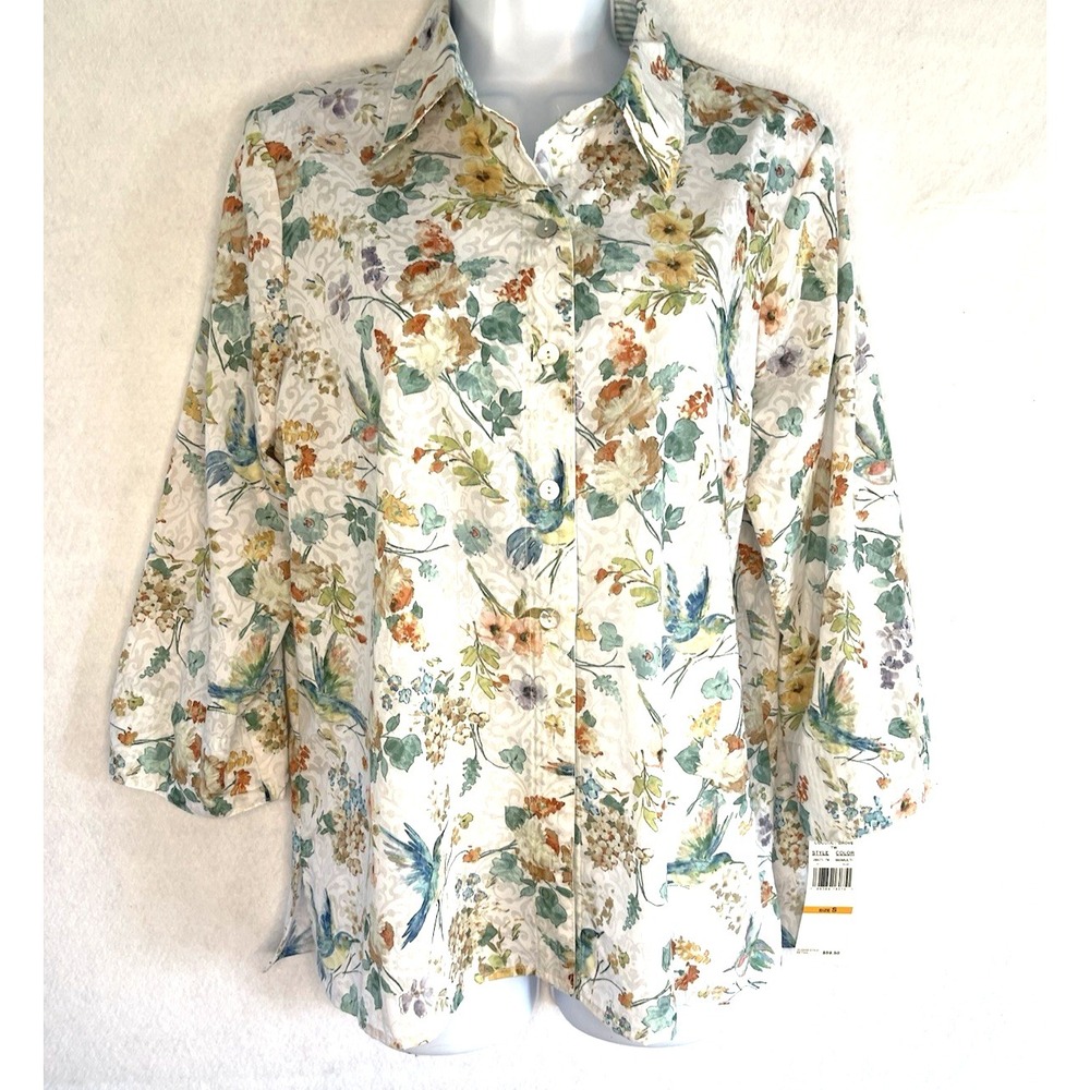 Alfred Dunner Women's Floral Hummingbird Print Blouse Small Nature Cottagecore - Picture 9 of 11